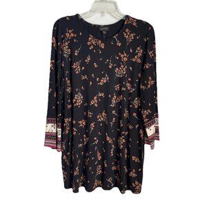 J Jill Wearever Collection Black floral 3/4 Sleeve Tunic Pleated Back